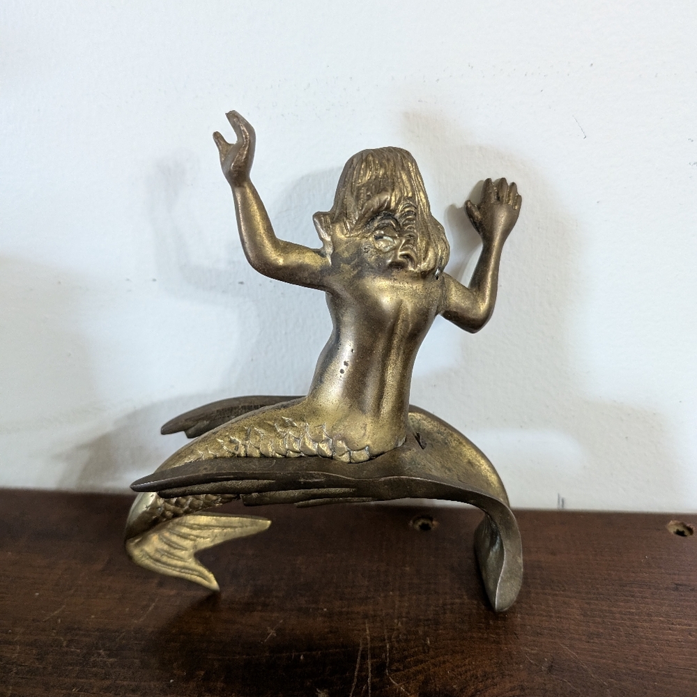 Brass Mermaid On A Wave Sculpture Decor Mid Century Modern MCM Art On Wave MCM - Picture 7 of 9